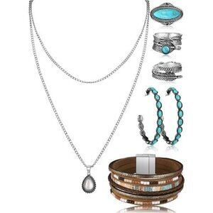 Bohemian Western Jewelry Turquoise Set Women Bohemian Pendant Layered Choker
